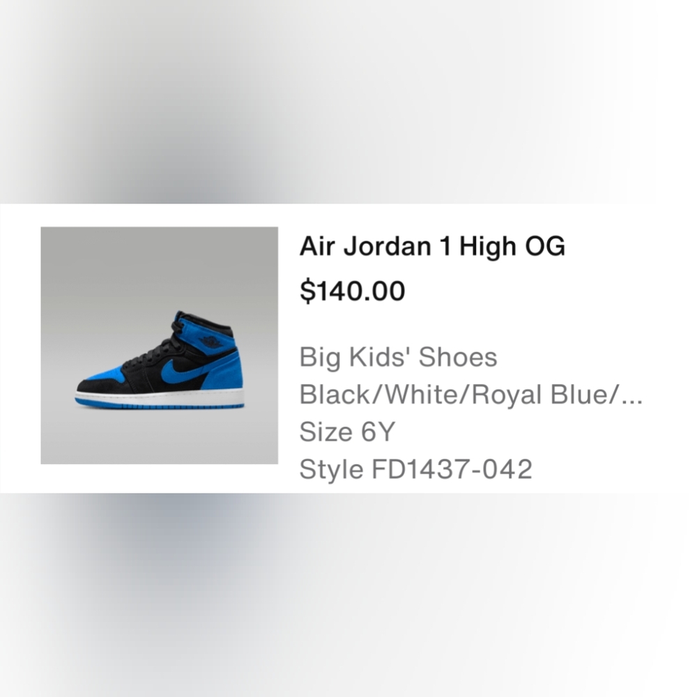 Jordan 1 HIGH OG YOUTH SIZE 6Y
